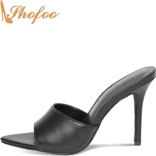 Black High Thin Heels Stilettos Sandals Woman Pointed Toe Slip On Large Size 14 15 Ladies Summer Fashion Mature Shoes Shofoo