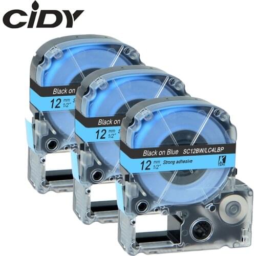 CIDY 3pcs Compatible 12mm black on blue SC12BW LC-4LBP9 LC4LBP label tape for KingJim/epson LabelWorks LW300 lw400 SR150 LW-600P