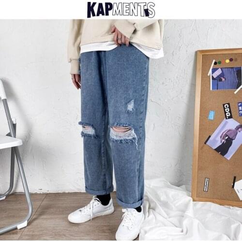 KAPMENTS Vintage Streetwear Hole Jeans For Men 2021 New Mens Harajuku Baggy Denim Pants Male Homme Kpop High Waisted Harem Jeans
