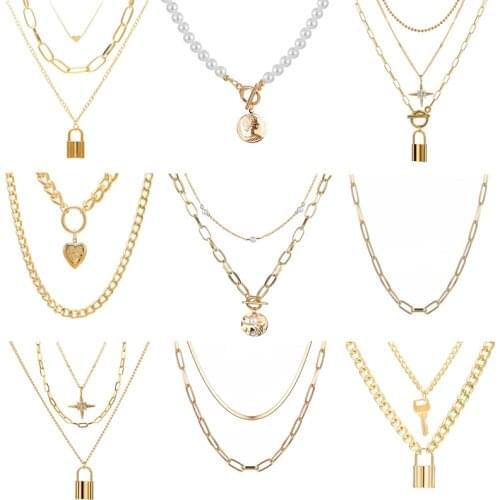 EN Punk Big Link Chain Necklace Choker for Women Steampunk Multi Layered Star Lock Pendant Necklace Statement Jewelry