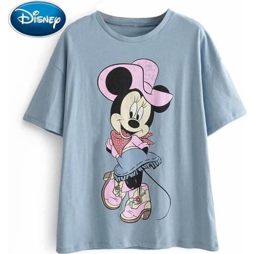 Disney Cute Minnie Mouse Cartoon Print Chic Blue T-Shirt O-Neck Pullover Short Sleeve Casual Fashion Sweet Women Loose Tee Tops