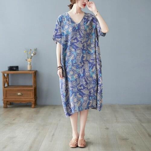 Cotton Linen Sundress 2021 New Arrival Print Floral Loose Summer Dress Plus Size Women Holiday Travel Casual Beach Style Dress