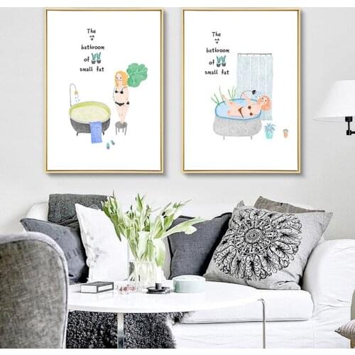 Spray Color Cartoon Woman and Green Plant Wall Picture Canvas Painting Print No Frame Scandinavian Room Bathroom Poster Decor