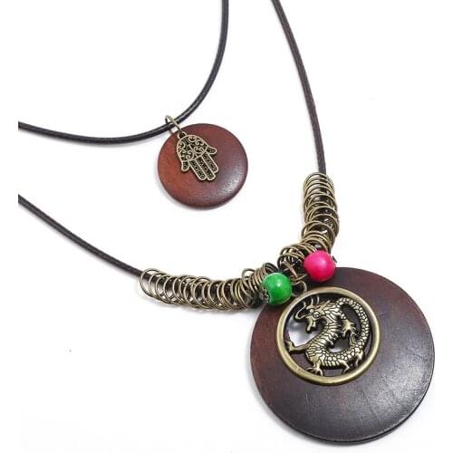 Fashion Punk Vintage Chinese Dragon Hamsa Hand Pendants Necklace Multi-layer Long Leather Statement Chain Casual Retro Jewelry