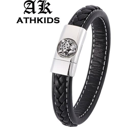 Trendy Braided Leather Bracelet Men Jewelry Stainless Steel Leopard Head Bracelets Magnetic Buckle Leather Bangle Gifts PD0358