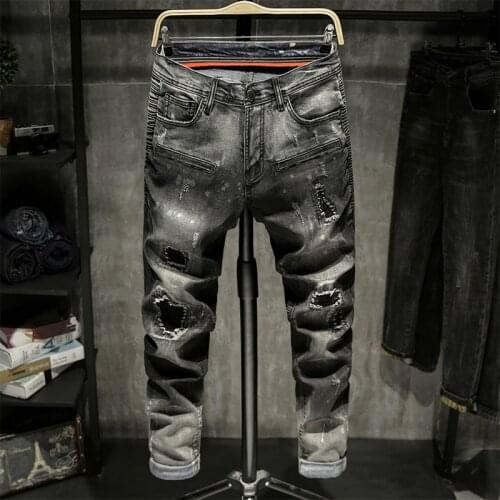 Men Designer Jeans Retro Old Frayed Distressed Patch Fashion Pocket Slim Stretch Motorcycle Biker Jeans Gray Denim Pants