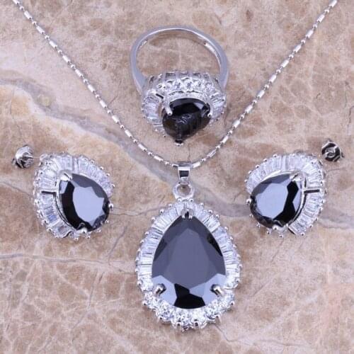 Black Cubic Zirconia White CZ Silver Plated Jewelry Sets Earrings Pendant Ring Size 6 / 7 / 8 / 9 / 10 S0098