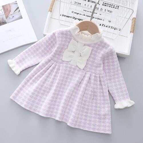 2021 New Sweater Girls Dress Spring Autumn Long Sleeve Plaid Princess Warm Knitted Dress Kids Clothes Sweet Children Dress