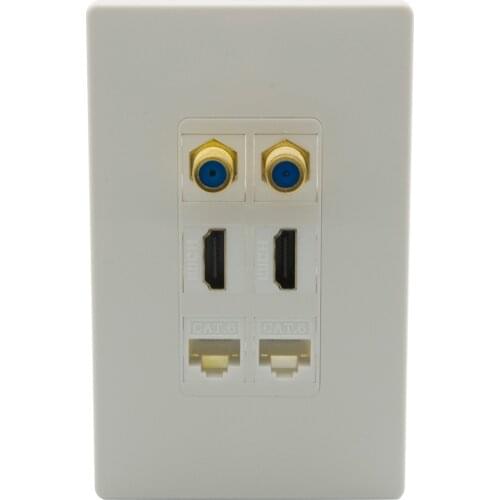 New Design 1 Gang No Screw Decorative Style 2 Ports HDMI V2.0 2 Ports CAT6 RJ45 2 Ports Coaxial F RG6 Wall Plate