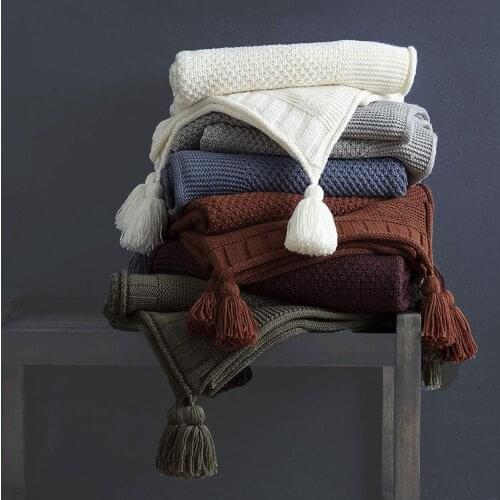 Croker Horse Nordic Style 100% Cotton Knitted Pure Color Blanket Tassel Covered Blanket Sofa Warm Nap Air Conditioning Blanket