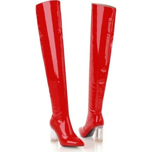Sexy Red Black White Patent Leather Thigh Boots Round Heel Over The Knee Boots Fashion Pointed Toe Ladies Stage Knight Boot