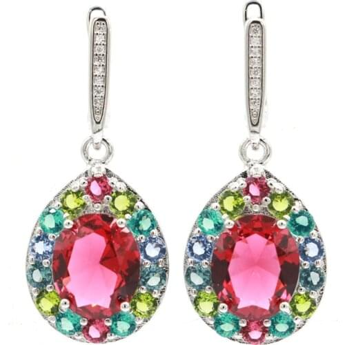 55x35mm Highly Recommend Round 21g Created Pink Kunzite Zircon Womans Daily Wear Silver Earrings