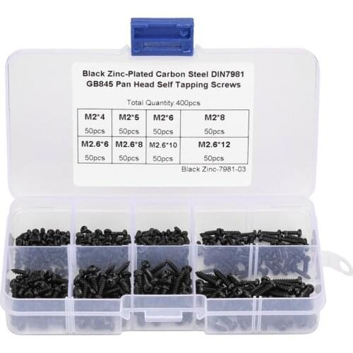 400Pcs/pack Black M2/M2.6 Pan Head Self Tapping Screws Set Assortment Kit