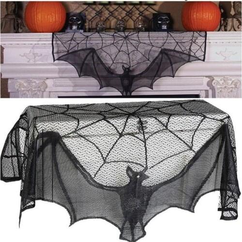 1pcs Halloween Decoration Prop Black Lace Spider Web Cobweb Bat Fireplace Mantle Scarf Cover Stove Cloth Festival Party Supplies