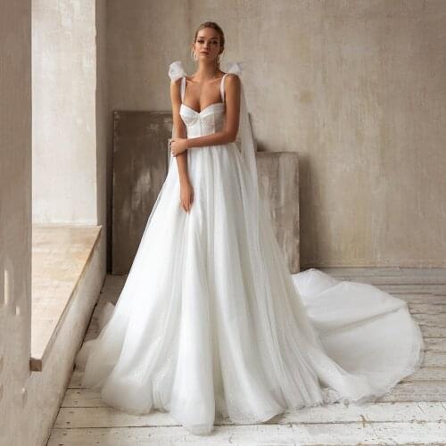 UZN Ivory A Line Sparkling Wedding Dress Sweetheart Adjustable Long Straps Bridal Gown Beading And Pearls Brides Dress