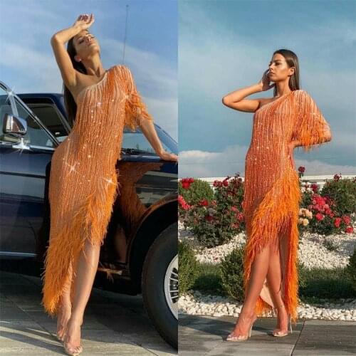 One Shoulder Tassels Prom Dresses 2021 Custom Made Beading Side Slit Sexy Evening Gowns Celebrity Party Dress vestido de novia