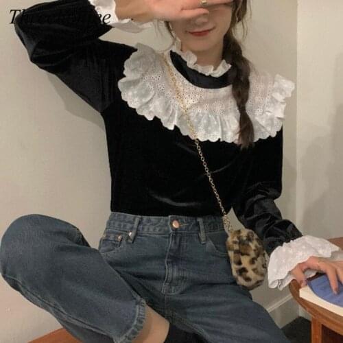 Korean Womens Blouse 2021 Spring Autumn Stand Collar Lace Flare Sleeve Hollow Out Velvet Shirts Female Elegant Tops