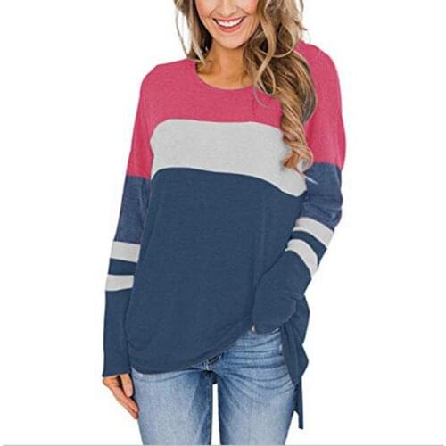 Spring Autumn Fashion Women Long Sleeve Loose Casual Tshirt Cotton Striped Stitching O-neck Striped Tee Shirt Femme Tops