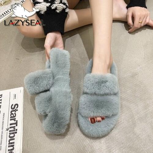 Lazyseal Winter Warm Indoor Women Slippers Fluffy Open Toe Slippers Faux Fur Shoes Woman Slip on Flats Female Fur Slides Size 42