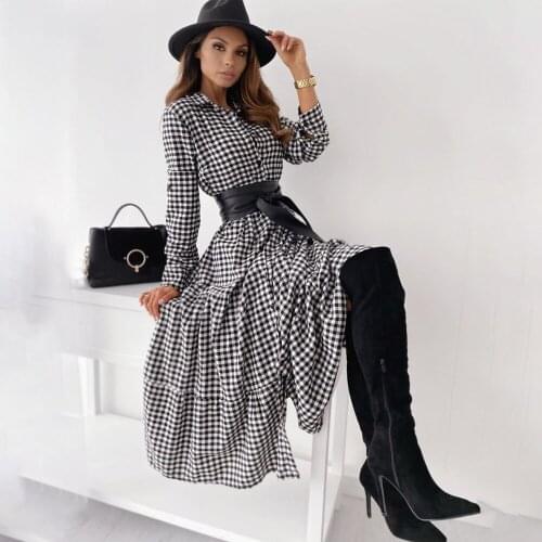 Women Turn-down Collar Long Sleeve Shirt Dress Spring Autumn With Belt Vintage Plaid Single Breasted Ladies Casual Long Dresses
