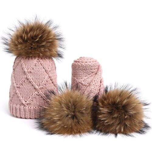 Winter Children Hat Cap Scarf Sets Nature Fur Pom Pom Girl Boy Baby Kids Knitted Crochet Beanies Skullies Hats Real Fur Pompom