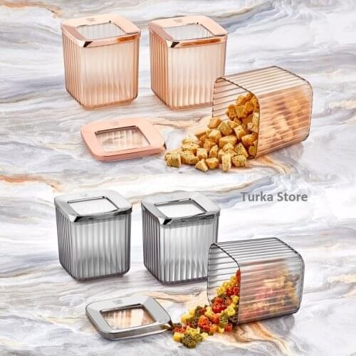 3-6-12 Pieces Luxury Kitchen Food Storage Box Vacuum Lid Airtight Organizer High Quality Transparent Smoked Copper Square Storage Container Set Glass Look 250ml 700ml 900ml 1200ml 1700ml Keep Fresh Cookies Coffee Spice