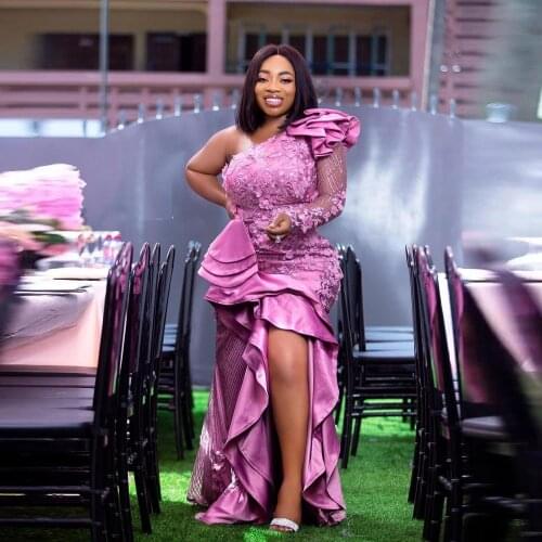 Aso Ebi Evening Dresses One Shoulder Long Sleeves Ruffles Sequined Plus Size Prom Dress Side Split African Women Party Gowns