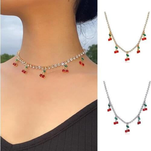 1pc Women Girls Cherry Pendant Choker Fashion Rhinestone Decor Necklace Pendant Chain Jewelry Accessories