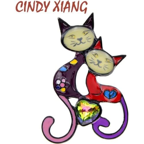 CINDY XIANG New Fashion Funny Enamel Paint Double Cats Brooches Unisex Cute Couple Animal Brooch Pins 4 Colors Available Jewelry
