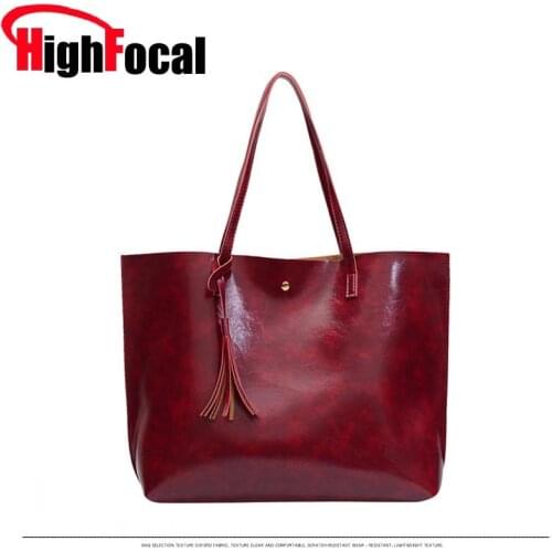 HIGHFOCAL PU Leather Handbags Women Bag 2019 fashion spring Tassel Female Bags Trunk Tote Shoulder Bag Ladies Large capacity