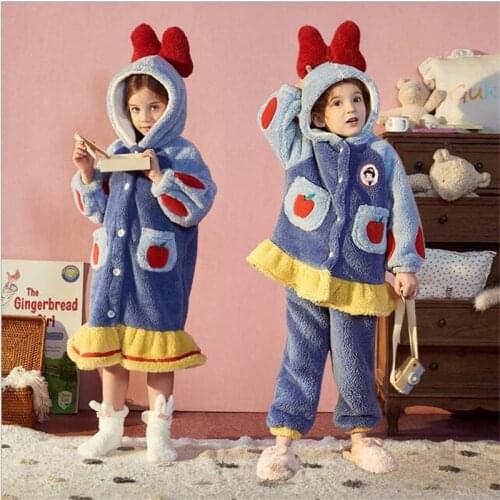 Baby YouYou Children Winter Pajamas Hooded Cartoon Bathrobe Princess Flannel Robe Set Girl‘s Sleepwear Coral Velvet Home Clothes