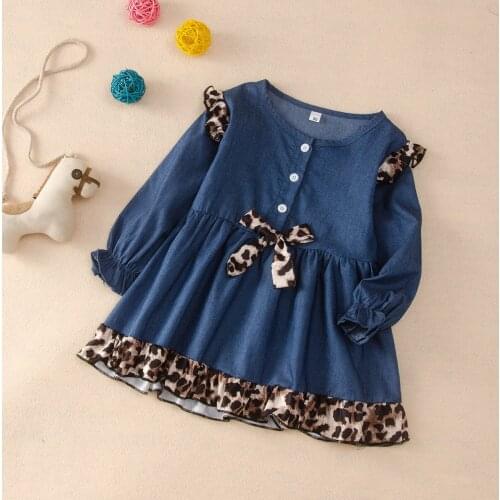 Girls Denim Dress Automn Party Dress with Bow Children Leopard Long Sleeve Casual Clothing Baby Girl Kids Fashion Outfit
