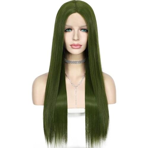 Long Straight Synthetic Lace Front Wig T-Part Green Wig Cosplay Party Drag Queen Wig for Women Daily Wear High Temperature Hair