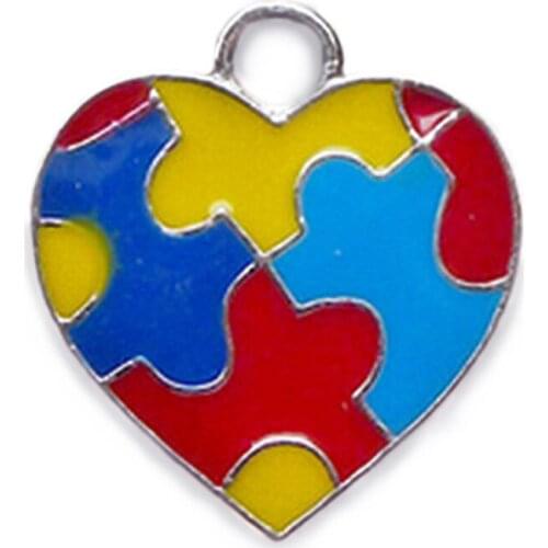 DOUBLE NOSE Diy Jewelry Making Alloy Rhodium Tone Enamel Finished Autism Puzzle Pieces Heart Charm