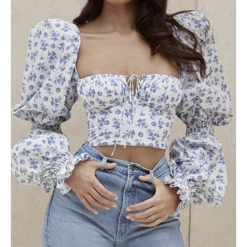 Elegant Spring Tops Summer French Romantic Floral Print Puff Sleeve Square Collar T Shirt Ladies New White Lace Chiffon Clothes