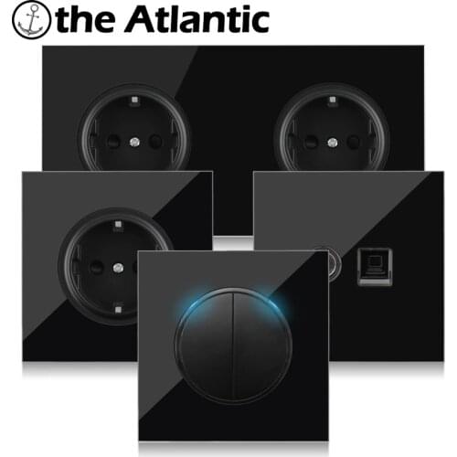 EU DE FR Standard Power Socket 1 2 3 4 Gang Push Button Lamp Light Switch Wall Outlet With LED Indicator Black Glass Frame