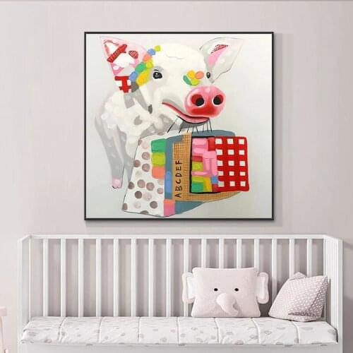 Hand Painted Large Size Oil Painting On Canvas Cartoon Shopping Pig Modern Home Decor Wall Art Picture For Living Room Gift