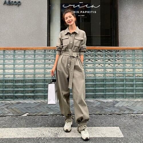 Women Jumpsuit Spring Fall Long Sleeve Belt Fashion Streetwear Hip Hop Loose Harem Wide Leg Overalls One Piece Cargo Pants 2276