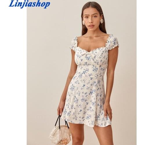 Summer women dress casual short sleeve dresses floral print A line dress white mini dresses ruffle square neck dress bow