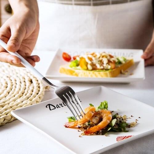 Western-Style Knife and Fork Plate Set Ceramic Nordic Net Red Tableware Ins Creative Breakfast Household Steak Square Plate Wood