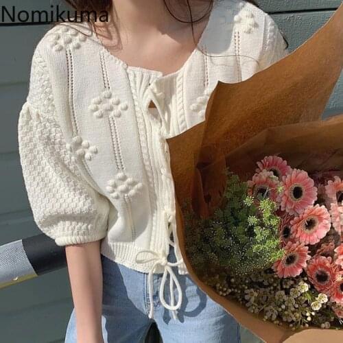 Nomikuma Elegant O-neck 3D Dot Knitwear Coat Causal Puff Sleeve Women Sweater Causal Sweet Bow Tie Short Knitted Cardigan 6G495
