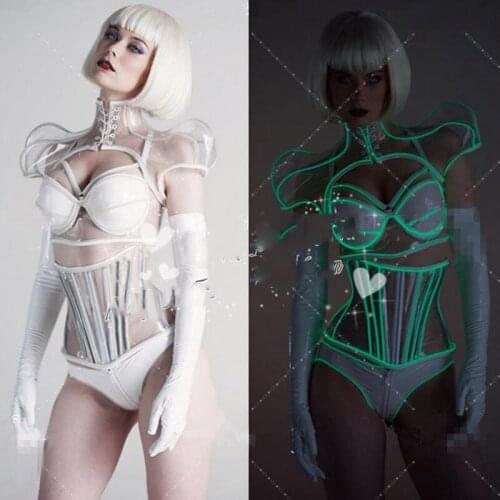 New Design Nightclub Bar Fluorescent Suit Party Glow LED Light Female Singer GoGo Warrior Armor Future Technology Outfit DWY3021