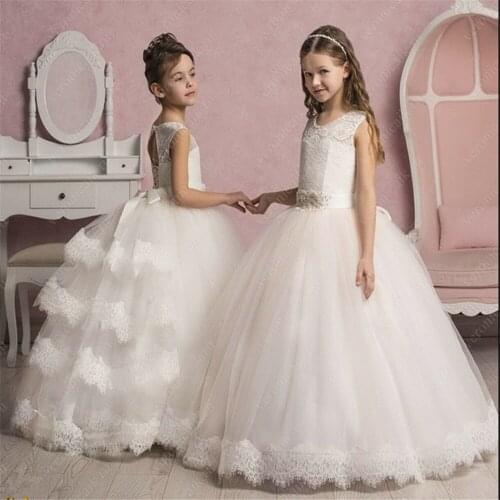 Flower Girl Dress White Fluffy Wedding party Dress Girl First Holy Communion Eucharist Attended Princess Lace Evening Dresses
