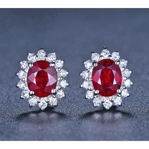 Natural Ruby Ethnic Flower Stud Earrings for Women 925 Silver Oval Simple Anniversary Gifts Jewelry Aros De Plata De Ley Mujer