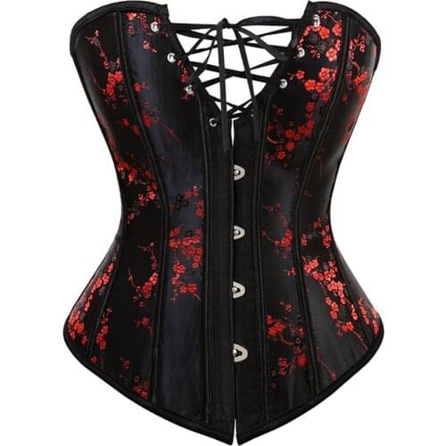 Sexy Womens Satin Plum flower Pattern Bond Lace up Back Overbust Corset Deep V Bustier Lingerie Black Plus Size S-7XL