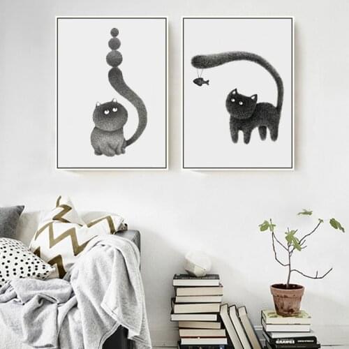 Modern Cute Black Hairy Cat Canvas Paintings Animals Posters Print Nursery Wall Art Pictures Decorative Prints for Kids Room