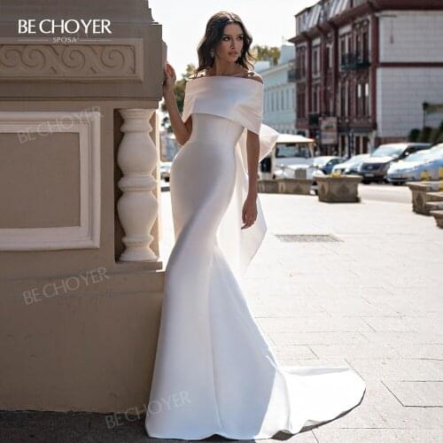 Wedding Dress Bow Satin 2021 Boat Neck Sleeveless Mermaid Beach Bridal Gown Princess BECHOYER SN70 Plus Size Vestido De Noiva