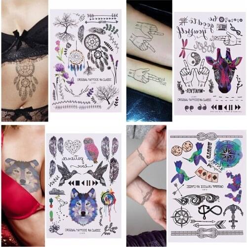 Waterproof Black Dream Catcher Owl Eye Tatuagem Body Art Temporary Tattoo Sticker Gradient Colorful Feather Bird Tatoo Sticker