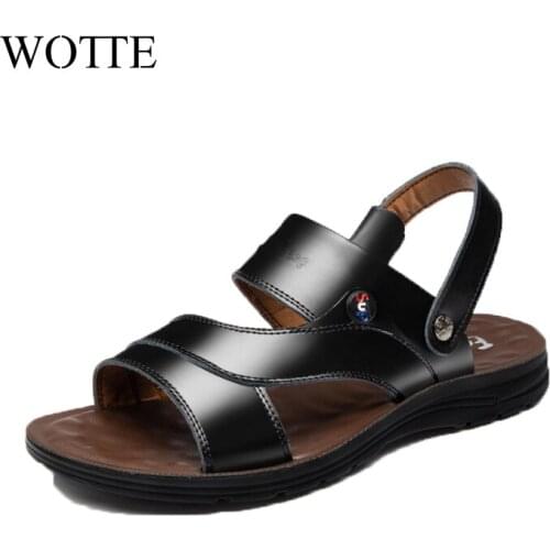 WOTTE Summer Men Sandals Split Leather Shoes Comfortable Slip-on Slippers Beach Sandals Men Fashion Outdoor Sandalias hombre