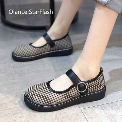 2021 New Women Flats Plaid Jacquard Fabric Mary Janes Shoes Platform Laides Casual Shoes Buckle Strap Girls Lolita Shoes